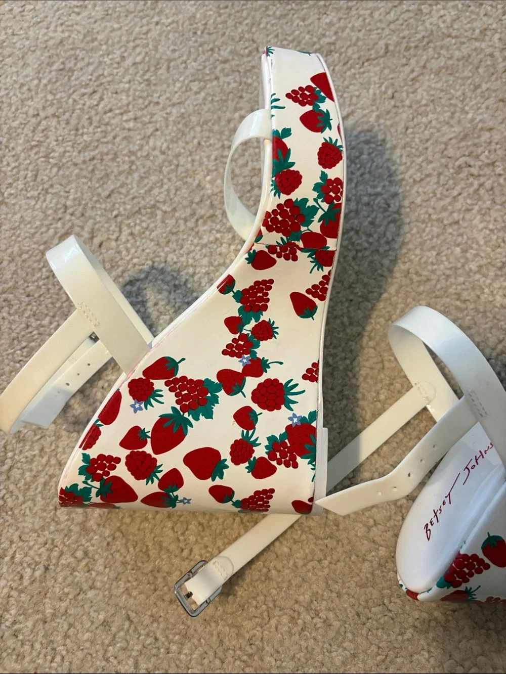 Betsey Johnson White Platform Sandals with Red & Green Floral Trim